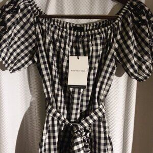 New with tags! Black and white gingham belted  midi dress with embroided sleeves
